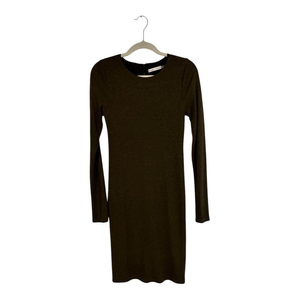 Alice + Olivia Viscose Bodycon Dress Olive Green Long Sleeve Back Zip Lace Sz 10